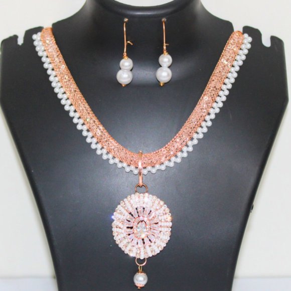 Jewelry - Rose Gold Pearl Necklace Set  Rose Gold Pendant Necklace White Pearl Pendant Set